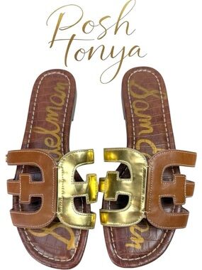 Sam Edelman Bay Brown Leather Logo Slide Sandals Gold Size 7 Coastal Resort
